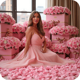 Mulher em vestido rosa com flores